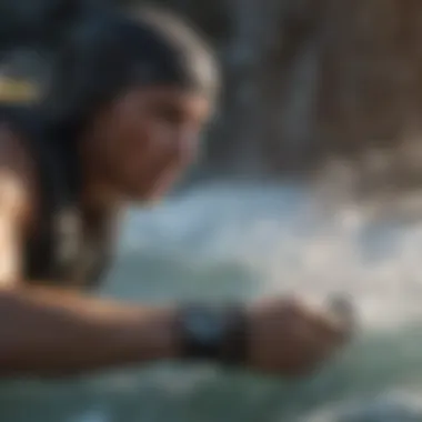 Athlete with Freestyle Watch in Action Adventurous athlete using a freestyle watch in extreme conditions