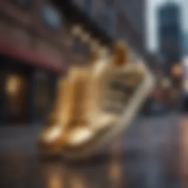 Urban Appeal of Gold Adidas Sneakers Gold Adidas sneakers showcased on a vibrant urban background
