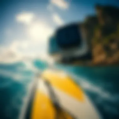 A GoPro camera mounted on a paddle board capturing an action shot