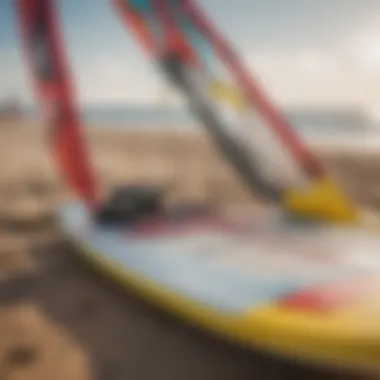 Close-up of windsurfing equipment on the beach