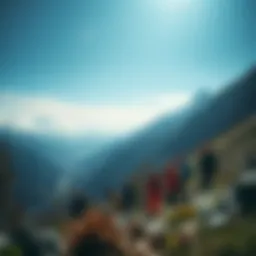 A picturesque mountain landscape with a group of extreme sports enthusiasts preparing for an adventure.