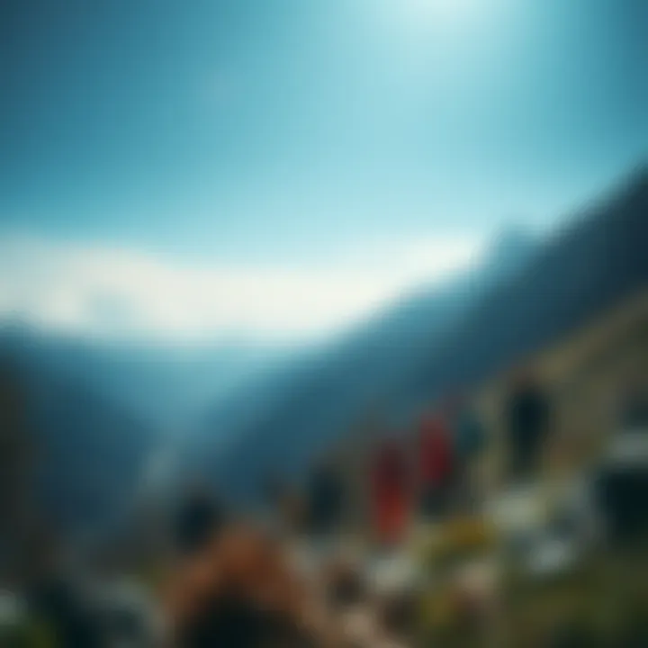 Preparing for Adventure in Nature A picturesque mountain landscape with a group of extreme sports enthusiasts preparing for an adventure.