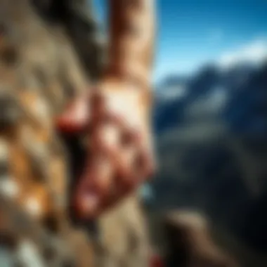 The Grip of Rock Climbing A close-up of a climber's hands gripping a rocky surface, emphasizing the challenge of rock climbing.