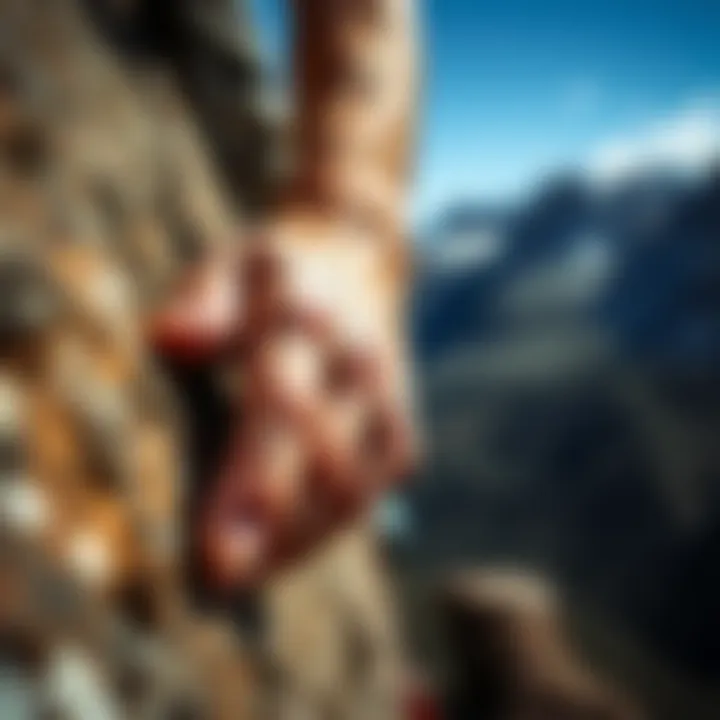 The Grip of Rock Climbing A close-up of a climber's hands gripping a rocky surface, emphasizing the challenge of rock climbing.