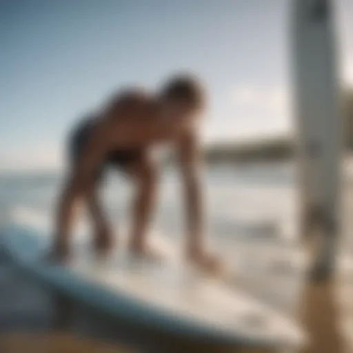 A surfer measuring the length of a surfboard
