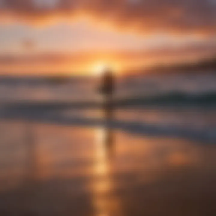 A vibrant sunset over Huntington Beach with surfers