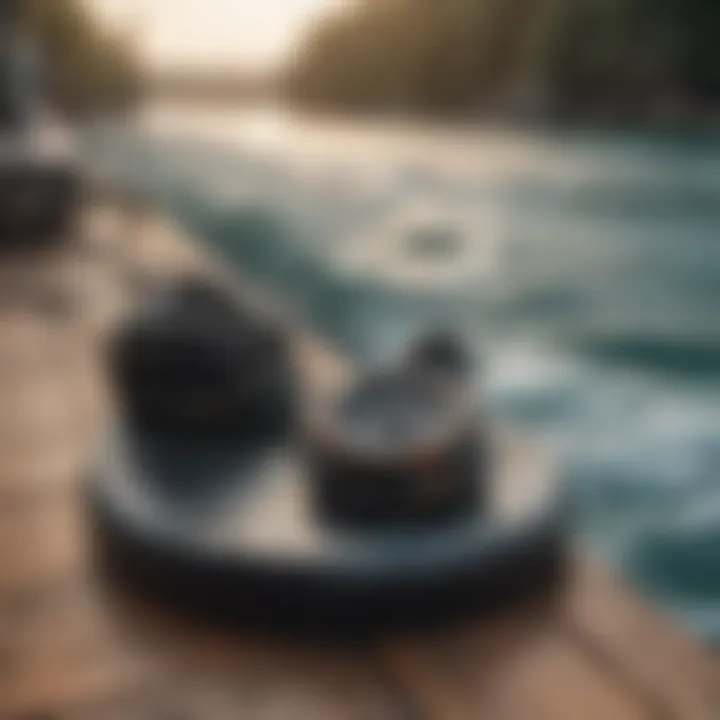 Close-up of wakeboarding equipment resting on a boat deck