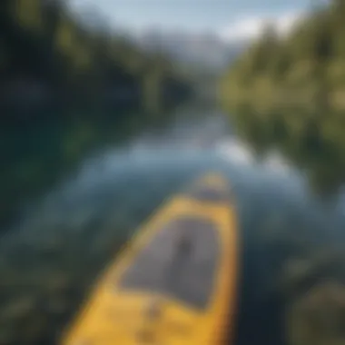 A scenic view of a tranquil lake with an inflatable paddle board