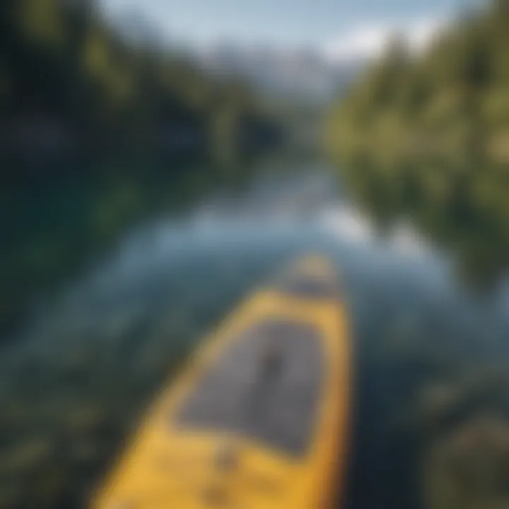 A scenic view of a tranquil lake with an inflatable paddle board