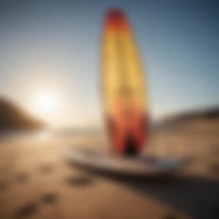 A variety of kite boards displayed on a beach