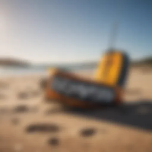 A diverse selection of kitesurfing gear displayed on a sunny beach