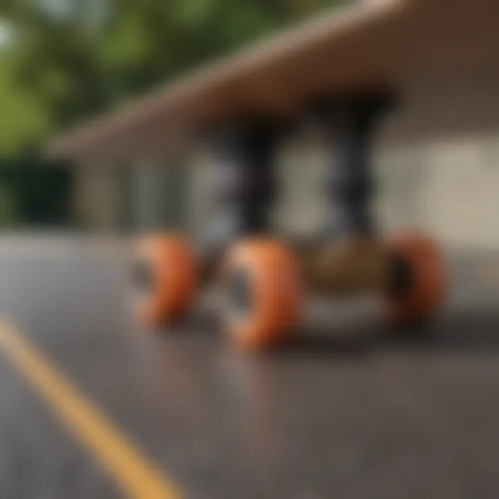 Close-up of the trucks and wheels of Landyachtz Dancer longboard