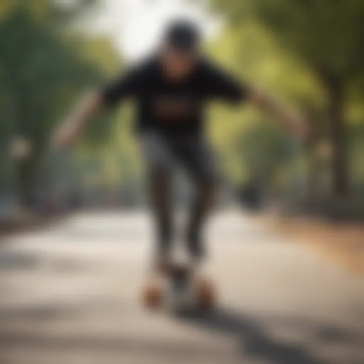 A beginner practicing balance on a skateboard in a park setting