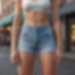 A pair of light washed high waisted shorts displayed against a vibrant urban backdrop.