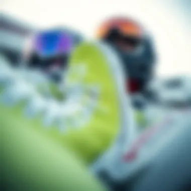 Close-up of lime green Vans with extreme sports gear