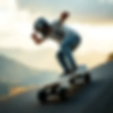 Carving Action on a Scenic Track Dynamic shot of a longboarder carving on a scenic downhill track
