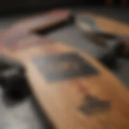 A close-up view of various longboard decks showcasing different designs and materials.