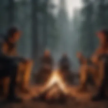 A group of adventure enthusiasts sharing experiences around a campfire in a natural setting