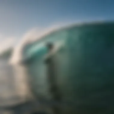 Surfing the Waves with Optimized Technology An exhilarating scene of a surfer riding a massive wave with optimized surfboard technology