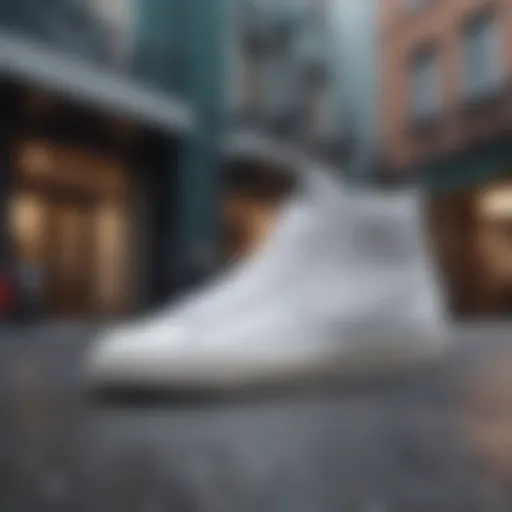 Stylish low top white Nike Blazers on a dynamic urban backdrop