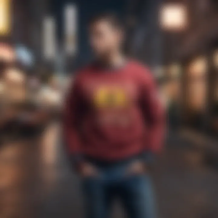 A fashion influencer showcasing a Marvel crewneck sweatshirt in an urban environment