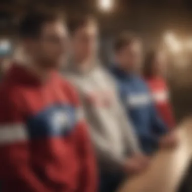 A group of friends wearing Marvel crewneck sweatshirts in a casual setting