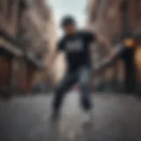A dancer performing a dynamic hip hop move in an urban setting