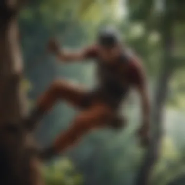 Navigating Tree Branches A climber navigating branches, demonstrating agility and skill.