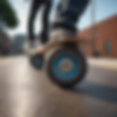 Close-up of skateboard wheels and board during an ollie attempt.