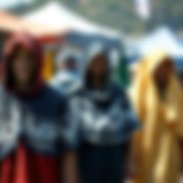 Diverse Styles of Towel Ponchos A collection of different styles of towel ponchos displayed in an outdoor market setting