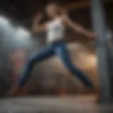 Dynamic action shot of extreme sports athlete wearing MFG skinny jeans