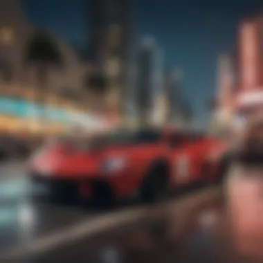 Miami: A Blend of Urban Growth and Racing Urban landscape of Miami juxtaposed with racing culture
