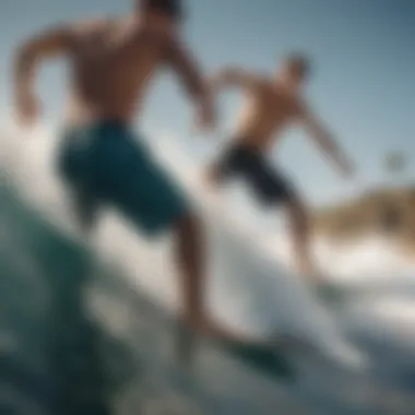 A dynamic shot of surfers wearing Mirage board shorts in action