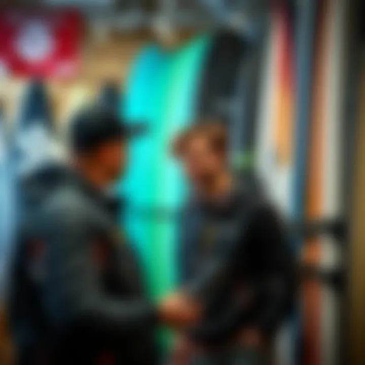 Expert Guidance in a Surfboard Store An expert engaging with a customer in a surfboard store