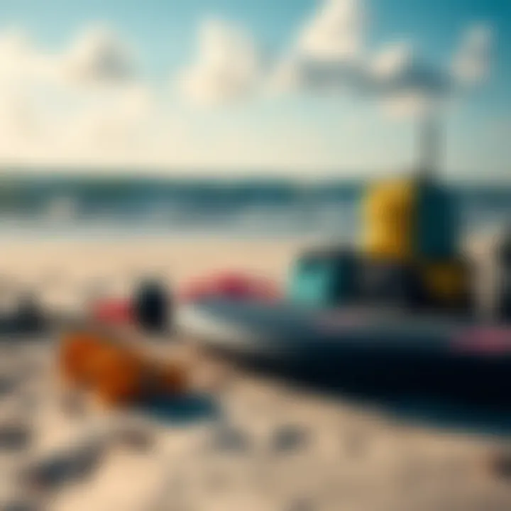 Essential kite surfing equipment laid out on a sandy beach