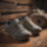 An array of Merrell sneakers displayed on a rustic wooden surface, emphasizing diversity in styles.