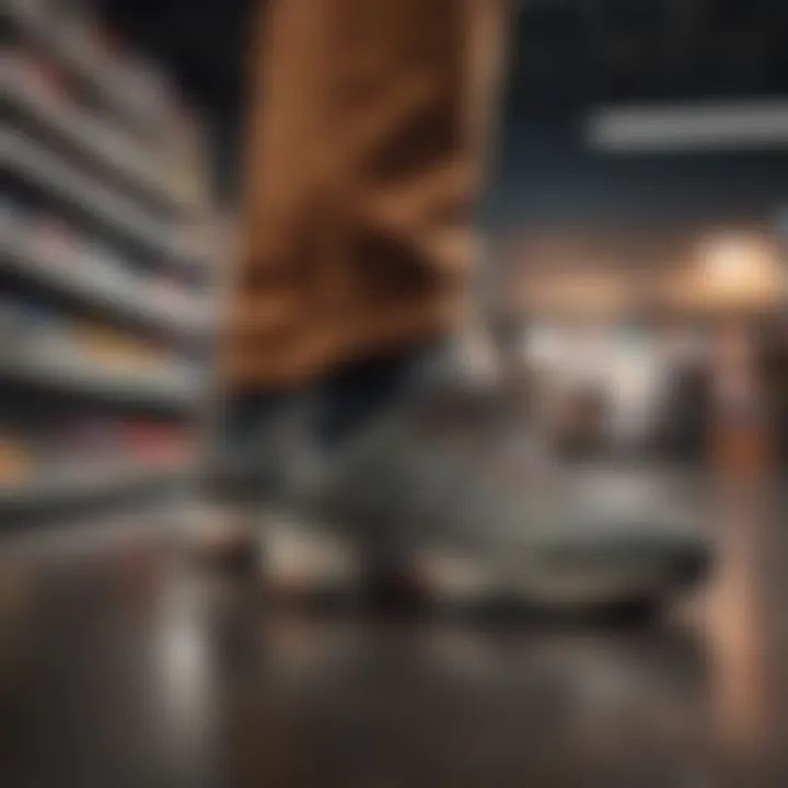 A person trying on Merrell sneakers in a retail store, highlighting comfort and fit.