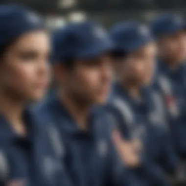 Group of athletes wearing navy blue shirts in a competitive setting