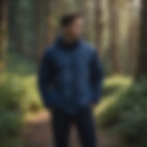 Navy blue windbreaker jacket displayed in a scenic outdoor environment