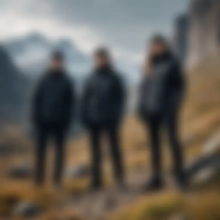 Group of adventurers wearing Nike black coats against a mountain backdrop