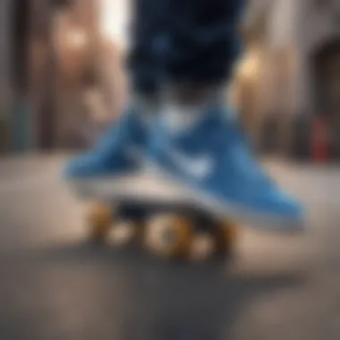 Stylish Nike blue skate shoes on a skateboard