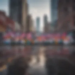 City skyline with urban graffiti art