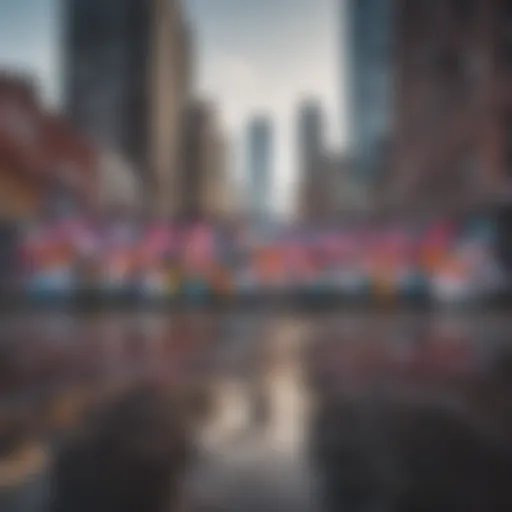 City skyline with urban graffiti art