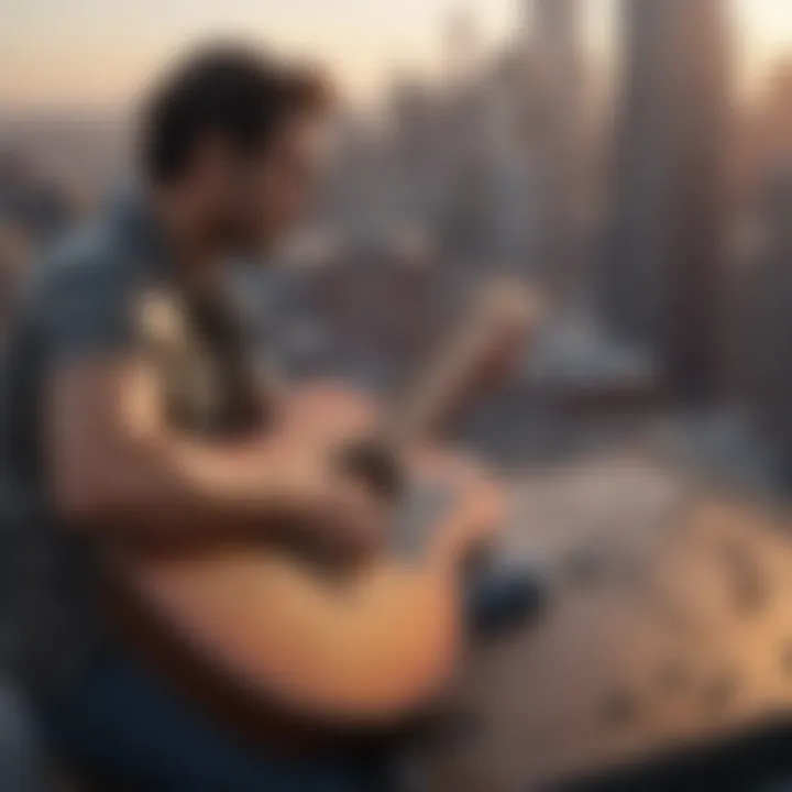 Musician playing guitar on a rooftop with a city view