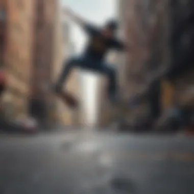 Skateboarder performing a trick with urban backdrop