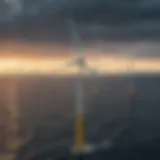 Aerial view of an offshore wind farm with turbines on the sea