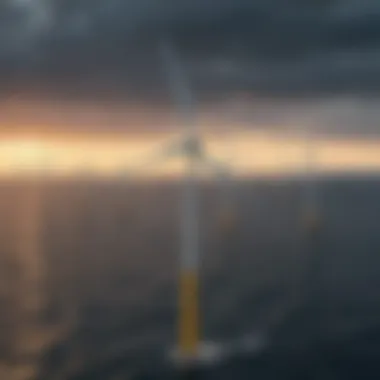 Aerial view of an offshore wind farm with turbines on the sea