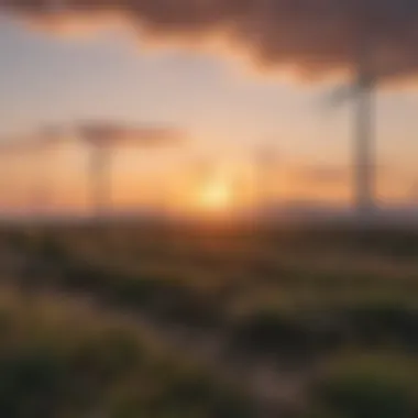 Onshore wind turbines against a sunset backdrop