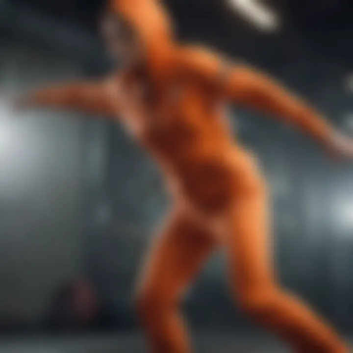 Dynamic action shot of an athlete wearing the orange Nike sweat suit during a workout