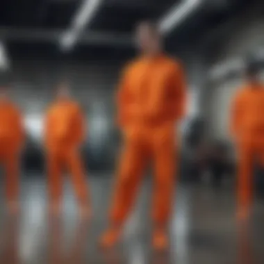 Stylish urban setting featuring individuals in orange Nike sweat suits reflecting modern fashion